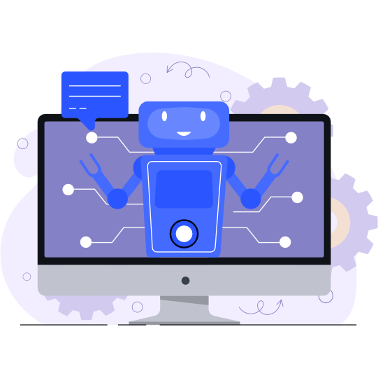Illustration of a desktop monitor showing a robot wired into a network diagram
