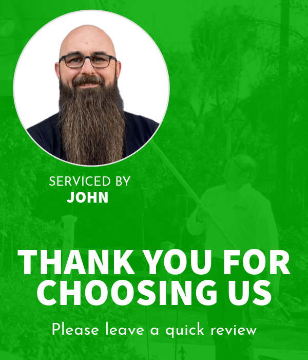 Review request card: a photo of a bearded technician above the words Serviced by John, Thank you for choosing us, Please leave a quick review