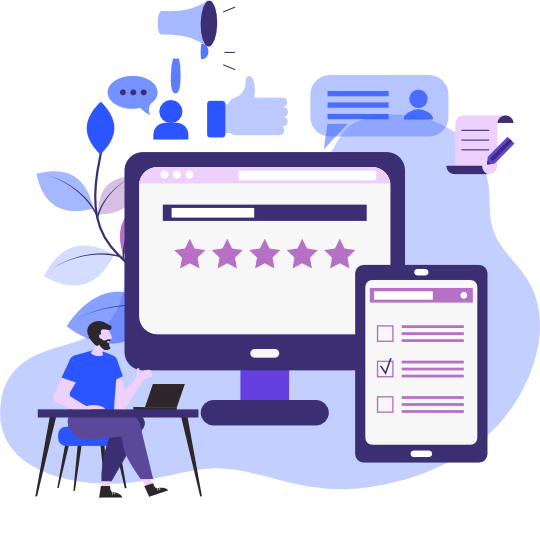 Illustration of a person photographing a screen that shows a five-star rating beside a review checklist on a phone